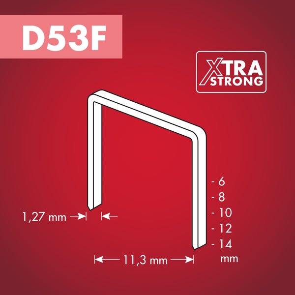 Feindrahtklammer Typ D53F extra stark, Breite 11,3 Millimeter, Drahtstärke 1,27 Millimeter, Längen 6 bis 14 Millimeter.