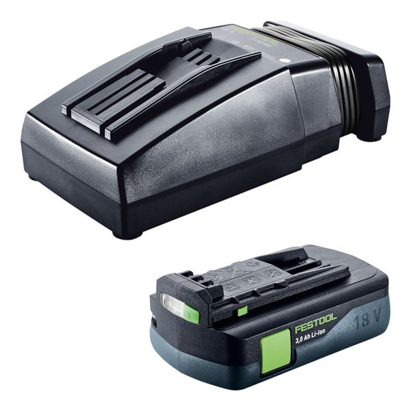 Festool Akku-Set bestehend aus einem 18 Volt Lithium-Ionen Akku mit 3,0 Amperestunden und einem Schnellladegerät.