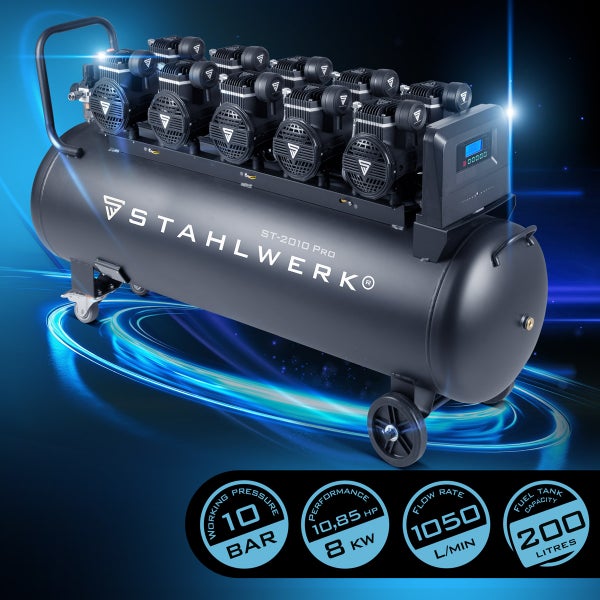 Stahlwerk ST-2010 Pro Druckluftkompressor mit 200 Liter Tankvolumen, 10 bar Arbeitsdruck und 10,85 PS Leistung