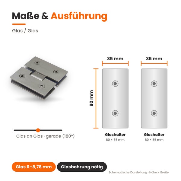 Technische Zeichnung eines Glasverbinders für Glas an Glas mit Maßangaben 80 mal 35 Millimeter für Glasstärken von 6 bis 8,78 Millimeter.