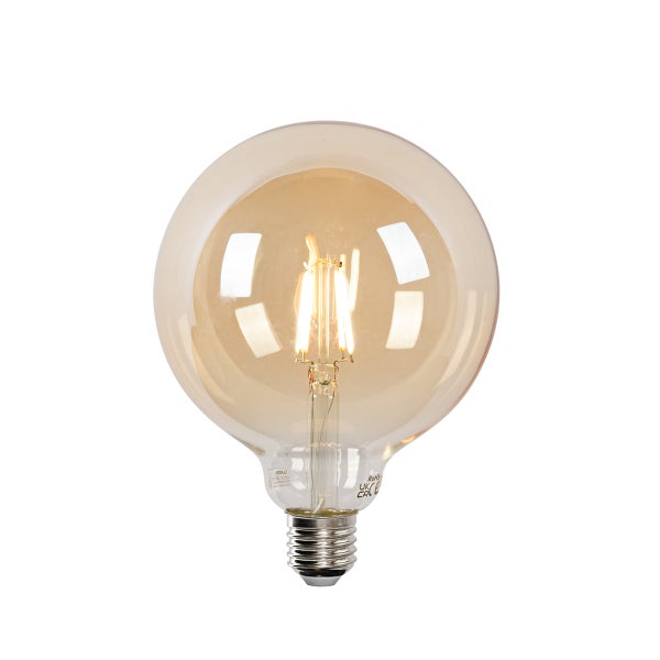 LED-Globelampe mit Filament, E27-Sockel, bernsteinfarbenes Glas.