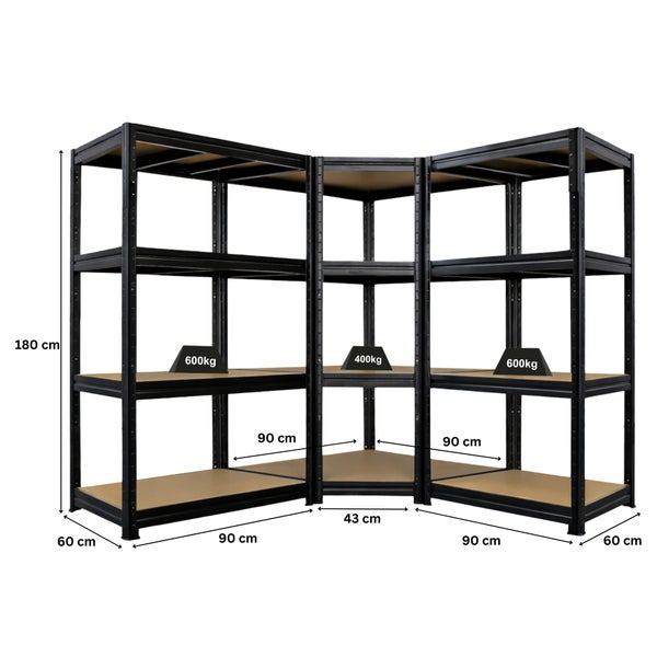 Schwarzes Metall-Eckregal mit Holzböden. Maße 180 Zentimeter hoch, 60 Zentimeter tief. Traglast 600 Kilogramm und 400 Kilogramm.