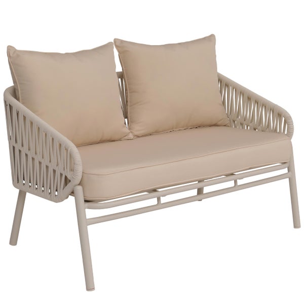 2-Sitzer Gartensofa mit Metallgestell, Seilbespannung an Rücken- und Armlehnen sowie Sitz- und Rückenkissen.