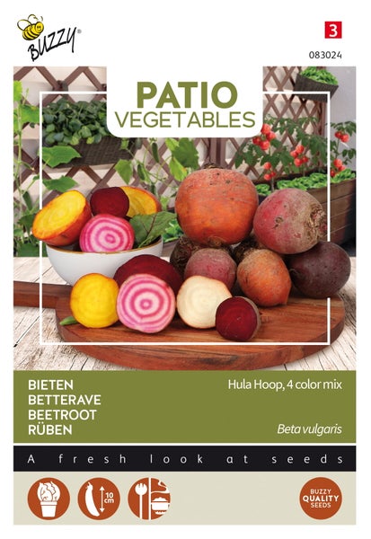 Buzzy Logo Saatgutpackung mit dem Titel Patio Vegetables, Hula Hoop, 4 Farbmix