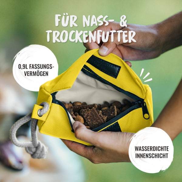 Gelbe Tasche für Nass- und Trockenfutter, Fassungsvermögen 0,9 Liter, wasserdichte Innenschicht