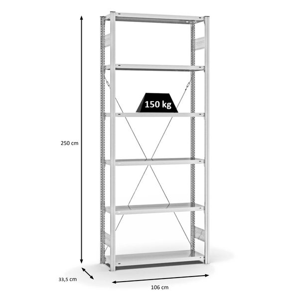 PROREGAL Fachbodenregal Stecksystem T-Profil Light-Duty Grundregal HxBxT 250 x 100 x 30 cm 6 Ebenen Fachlast 150 kg Einseitig Nutzbar Lichtgrau