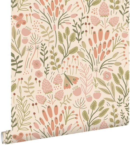 ESTAhome Tapete Blätter und Blumen Olivgrün und Terrakotta - 50 x 900 cm - 131390