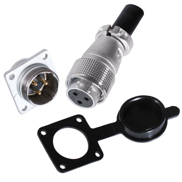 Rundsteckverbinder Set mit 3 Pin Stecker, Einbaubuchse und Schutzkappe