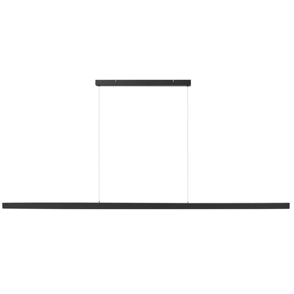 Moderne, minimalistische LED-Pendelleuchte in Balkenform mit schmalem Deckenbaldachin und dünnen Seilabhängungen.