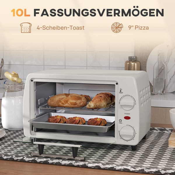 Weißer Minibackofen mit 10 Liter Fassungsvermögen, Platz für 4 Scheiben Toast oder eine 9 Zoll Pizza, mit Temperaturregler und Zeitschaltuhr.