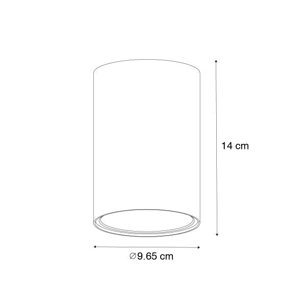 Technische Zeichnung einer zylinderförmigen Leuchte mit den Maßen 14 cm Höhe und 9,65 cm Durchmesser.