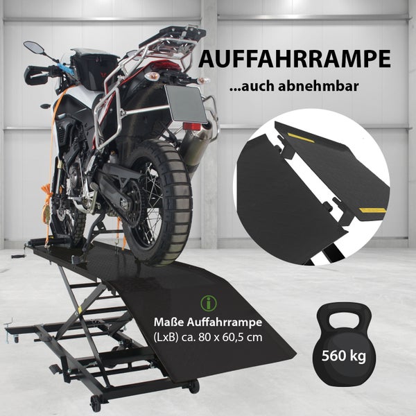 Hydraulische Motorradhebebühne XL 560 kg Scherenhub Breite 60,5 cm Motorradheber Rampe in Schwarz
