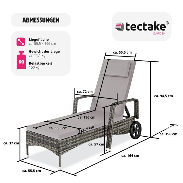 Rattan Sonnenliege tectake Cassis 196 x 72 x 57 - 94,5 cm mit Aluminiumgestell grau