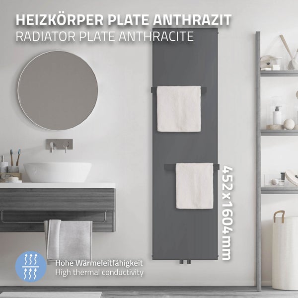 ML-Design Badheizkörper 1600x452 mm Anthrazit + 2x Handtuchhalter, Design Heizkörper Mittelanschluss Flach Einlagig Vertikal Planheizkörper Vertikalheizkörper Paneelheizkörper Flachheizkörper Heizwand