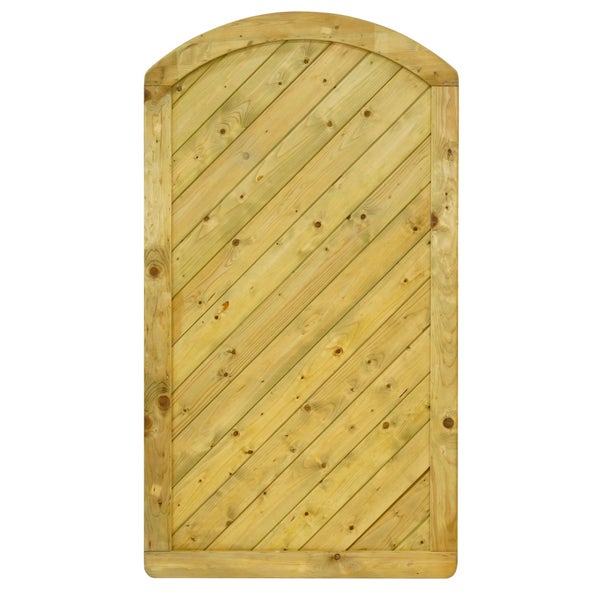 Holztor mit abgerundeter Oberseite und diagonalen Brettern