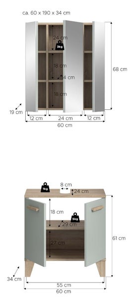 Spiegelschrank und Waschbeckenunterschrank mit Maßangaben und Traglast für Badezimmermöbel.