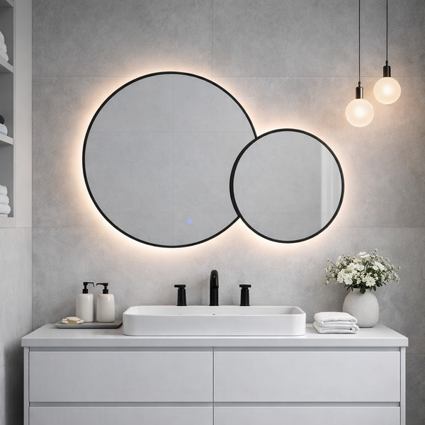 Moderner Waschplatz mit zwei überlappenden, runden Spiegeln mit LED-Beleuchtung und schwarzem Rahmen auf einer grauen Fliesenwand.