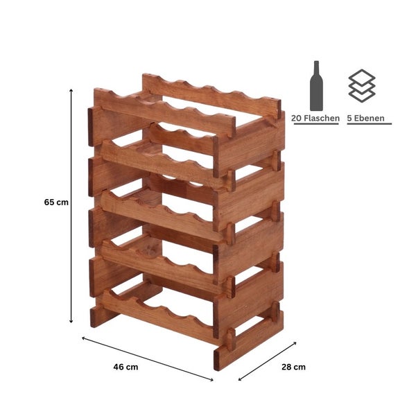 Weinregal VINOTECA FLEX PRO HxBxT 65x46x28cm 20 Flaschen auf 5 Ebenen Massives Kiefernholz Braun geölt