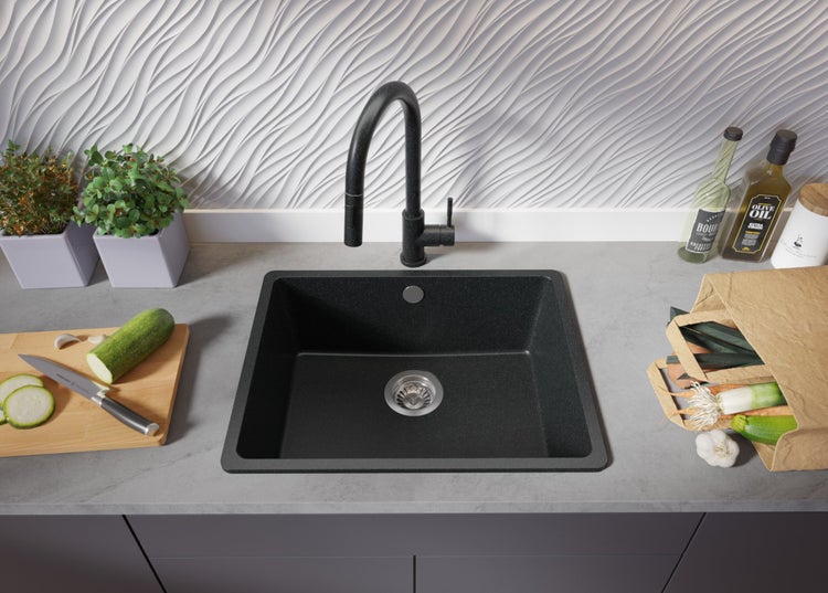 PRIMAGRAN Spülbecken Anthrazit 56x44cm, Granitspüle 1 Becken + Ablauf-Set, Küchenspüle ab 60er Unterschrank - Venedig Slim Easy