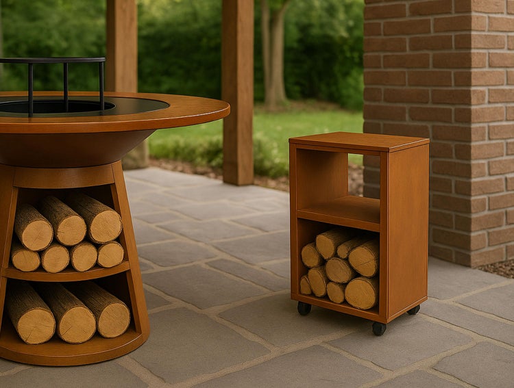 Feuerstelle mit Holzablage und Brennholzregal auf einer Terrasse