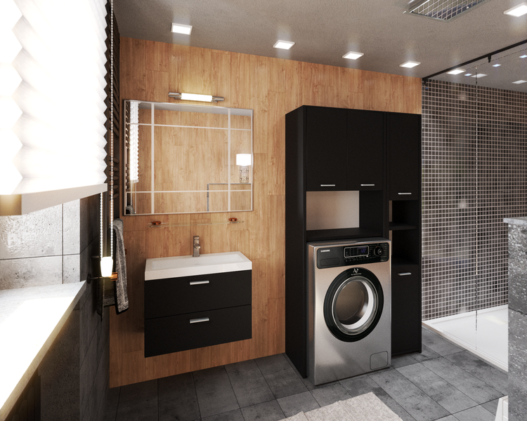 Badezimmer mit Waschbeckenunterschrank, Spiegel, Waschmaschine und Badezimmerschrank