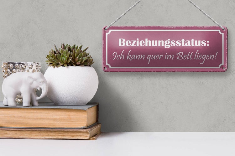 Blechschild Spruch 27x10cm Beziehungsstatus quer im Bett Dekoration