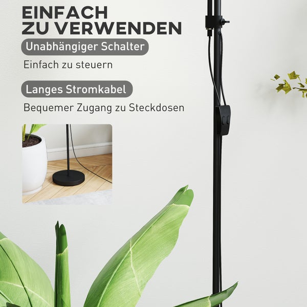 Schwarze Stehlampe mit separatem Schalter am Gestell und langem Stromkabel für einfachen Zugang zu Steckdosen.