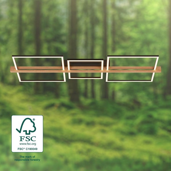 Briloner Moldura LED Deckenlampe, Stufen dimmbar, Holzdekor, Speicherfunktion, Warmweißes Licht, Schwarz-Holz, 108 x 35 x 8 cm