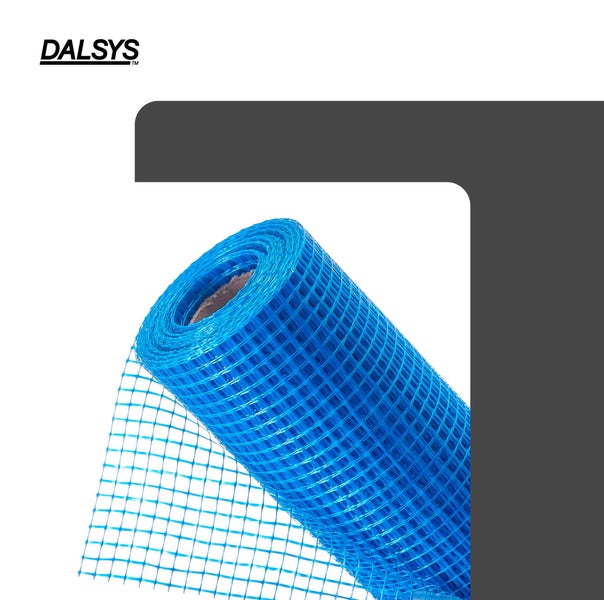Dalsys Logo, Rolle blaues Armierungsgewebe aus Glasfaser zur Wandverstärkung und Putzbewehrung.