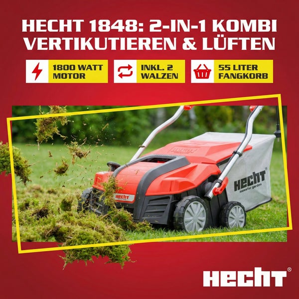 Hecht 1848 2-in-1 Kombi Vertikutierer und Lüfter mit 1800 Watt Motor, inklusive zwei Walzen und 55 Liter Fangkorb
