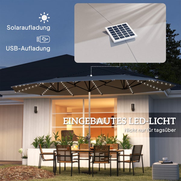 Outsunny Doppelsonnenschirm mit Solar LED Lichtern 451x267 cm Aluminium UV 50+ Sonnenschirm mit Handkurbel, Balkonschirm windfest Marktschirm Sonnenschutz für Strand Balkon Garten, Dunkelgrau