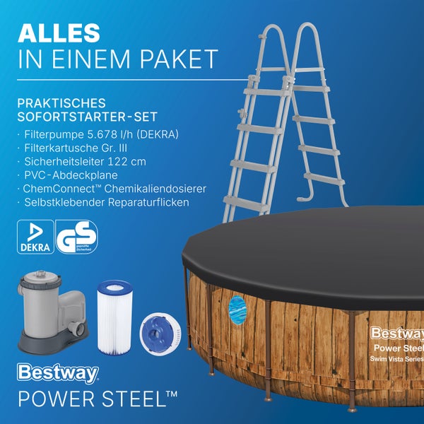 Bestway Power Steel Pool-Set mit Filterpumpe, Kartusche, Sicherheitsleiter, Abdeckplane, Dosierer, Flicken, Siegel für Sicherheit und Bestway Logo.