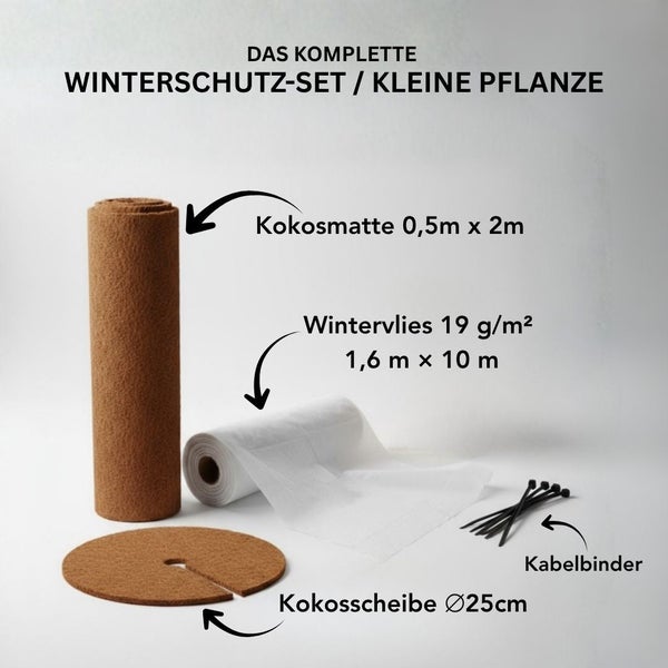 Winterschutz Set für kleine Pflanzen bestehend aus Kokosmatte, Wintervlies, Kokosbaumscheibe und Kabelbindern zur Frostisolierung.