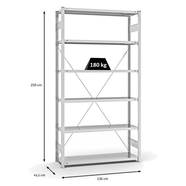 PROREGAL Fachbodenregal Stecksystem T-Profil Light-Duty Grundregal HxBxT 250 x 130 x 40 cm 6 Ebenen Fachlast 180 kg Einseitig Nutzbar Lichtgrau