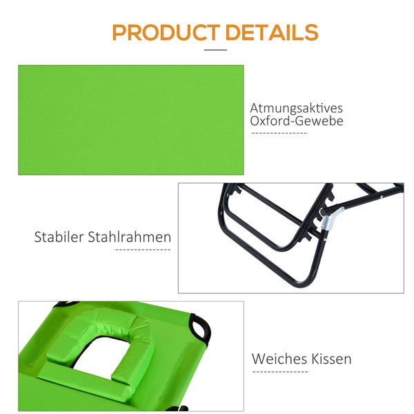 Produktdetails einer Sonnenliege mit atmungsaktivem Oxford-Gewebe, stabilem Stahlrahmen und weichem Kissen.