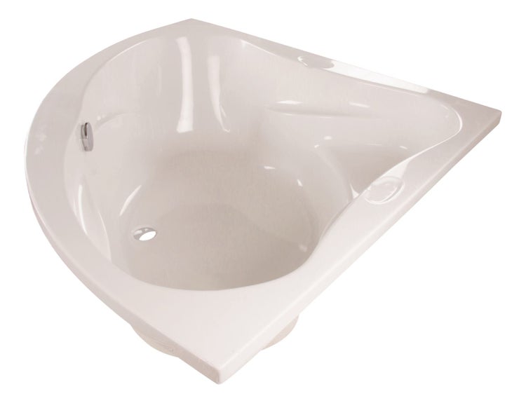 Weiße Eckbadewanne aus Acryl mit integrierter Sitzfläche und Überlauf