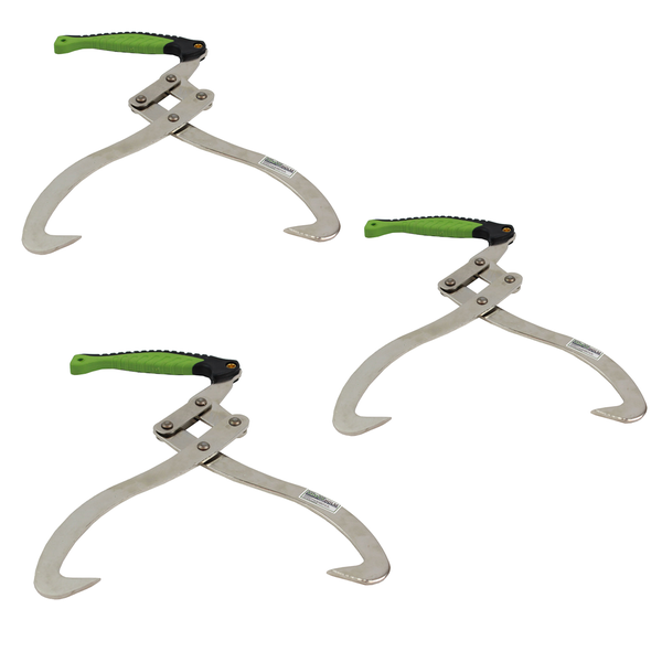 Drei Metall-Rückezangen mit ergonomischem Handgriff zum manuellen Bewegen von Holzstämmen.