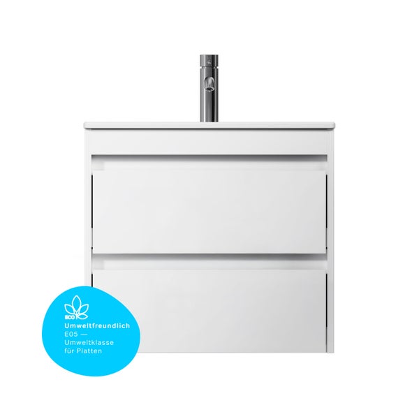 Weißer Waschtisch mit zwei Schubladen und Armatur