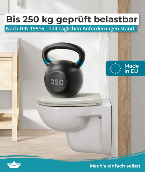 Wandhänge WC mit Toilettensitz und einer Belastbarkeit von 250 Kilogramm gemäß DIN 19516 inklusive Made in European Union Kennzeichnung.