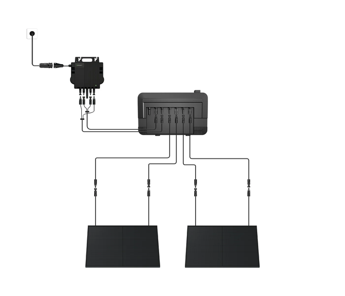 Aufbau einer Solaranlage mit Solarmodulen, Anschlussdose und Wechselrichter