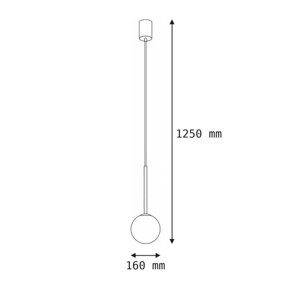 Strichzeichnung einer Pendelleuchte mit Maßangaben von 1250 Millimeter Höhe und 160 Millimeter Durchmesser.