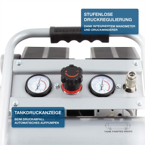 Kompressor-Bedienpanel mit zwei Manometern zur Anzeige von Tank- und Arbeitsdruck sowie einem Drehregler zur stufenlosen Druckregulierung.