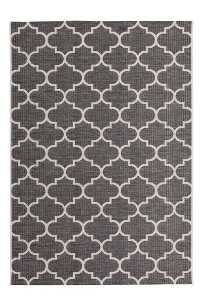 Teppich für den Innen- und Außenbereich, Flachgewebe mit weißem orientalischem Muster auf grauem Grund.