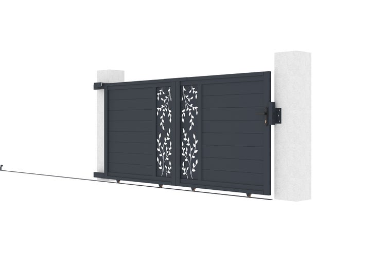 Schiebetor aus Aluminium in Anthrazit mit horizontalen Lamellen und Blättermotiv.
