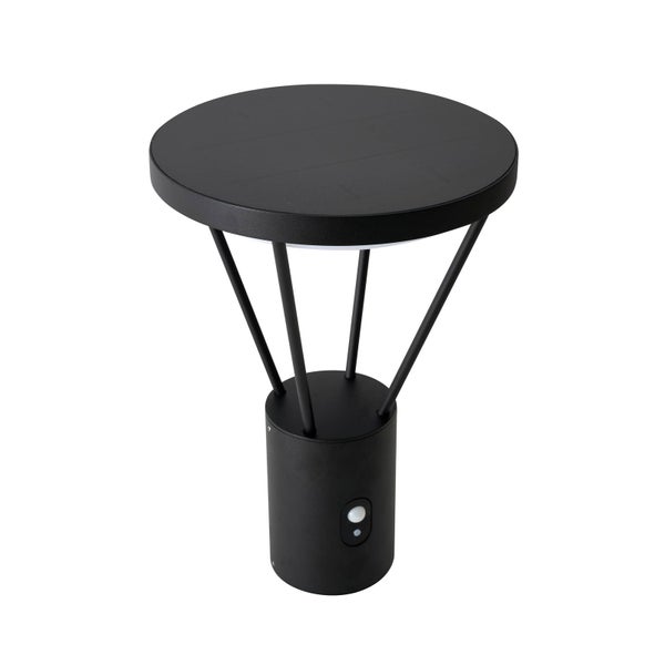 Schwarze Solar-Wegeleuchte mit rundem Solarpaneel, Bewegungsmelder und zylindrischem Sockel.