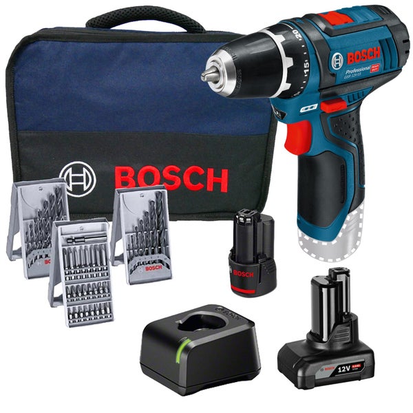 Bosch Akku-Bohrschrauber Set mit Tasche, Bohrer, Bits, Akkus und Ladegerät