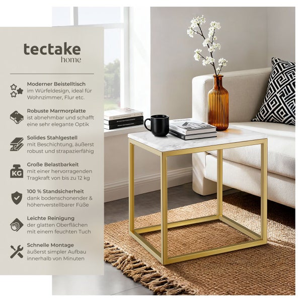 Moderner Beistelltisch mit Marmorplatte und Stahlgestell von tectake home im Wohnzimmer.