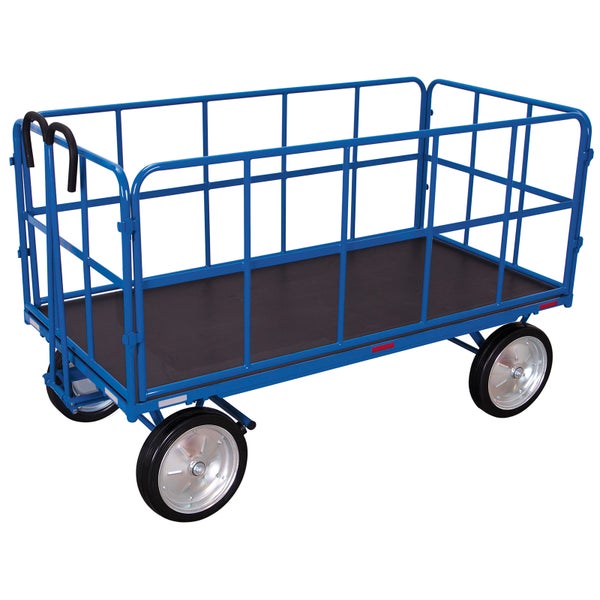 Handwagen mit blauem Metallrahmen, schwarzer Ladefläche und vier Rädern.