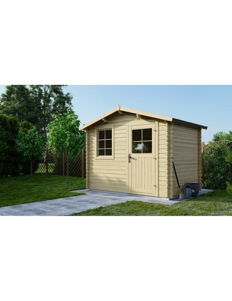 Gartenhaus aus Holz mit Satteldach, einer Einzeltür mit Fenster und einem Fenster, platziert in einem hellen, gepflegten Garten.