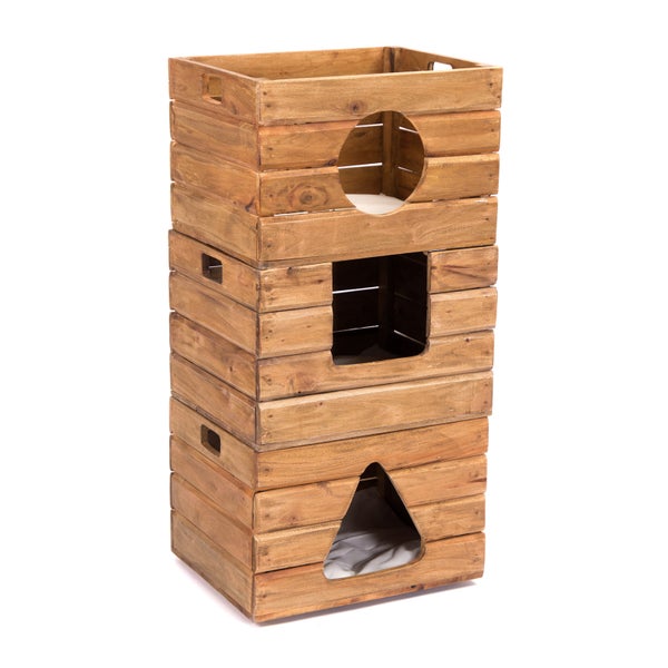 Katzenhöhlen-Set Kitty 3-teilig Mahagoni Massivholz, stapelbar naturfarben
